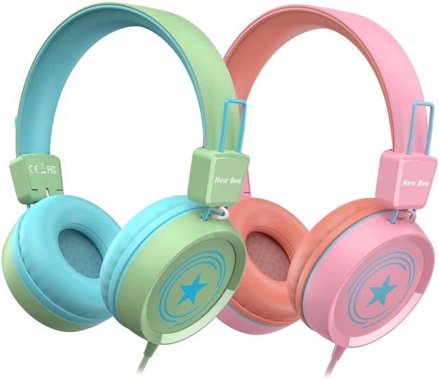 Main image of 2 Pack Kids Headphones with Microphone, 85dB/94dB Safe Volume Limited Childrens Headset, Foldable Wired Toddler Headphones Over Ear for School Travel Mac/Android/Kindle/Tablet/Pad- Green Pink