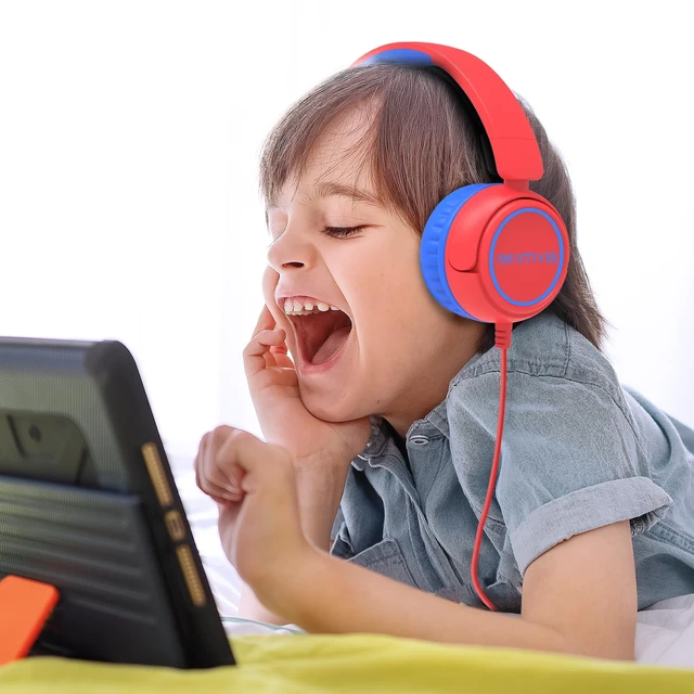 Alt view image 2 of 6 - Kids Headphones Wired, Stereo Foldable Tangle-Free 3.5mm Jack Adjustable On-Ear Headphones for Kids/Toddlers/Children/Teens/Boys/Girls/School/Ipad/Tablet/Kindle/Phones/Travel/Plane (Red)