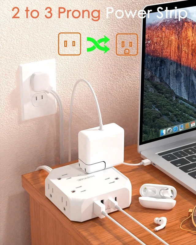 Alt view image 2 of 7 - 2 Prong Power Strip, 2 Prong to 3 Prong Outlet Adapter 1400J Two Prong Surge Protector, 15ft Extension Cord, 8 AC with 2 USB C and 2 USB A Port, Wall Mountable, Ideal for Old House