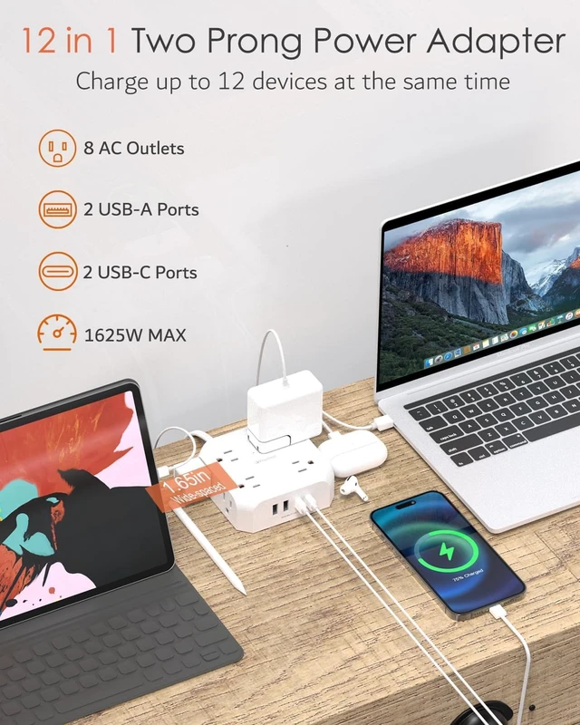 Alt view image 3 of 7 - 2 Prong Power Strip, 2 Prong to 3 Prong Outlet Adapter 1400J Two Prong Surge Protector, 15ft Extension Cord, 8 AC with 2 USB C and 2 USB A Port, Wall Mountable, Ideal for Old House