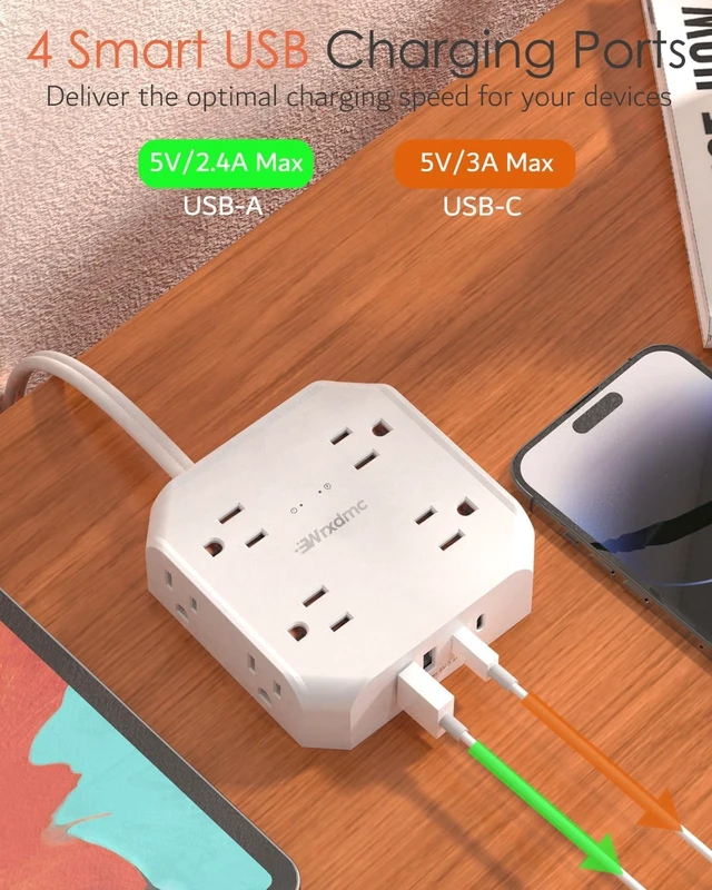 Alt view image 4 of 7 - 2 Prong Power Strip, 2 Prong to 3 Prong Outlet Adapter 1400J Two Prong Surge Protector, 15ft Extension Cord, 8 AC with 2 USB C and 2 USB A Port, Wall Mountable, Ideal for Old House