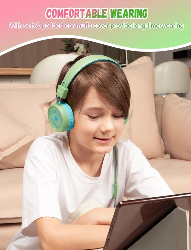 Alt view image 2 of 6 - 2 Pack Kids Headphones with Microphone, 85dB/94dB Safe Volume Limited Childrens Headset, Foldable Wired Toddler Headphones Over Ear for School Travel Mac/Android/Kindle/Tablet/Pad- Green Pink