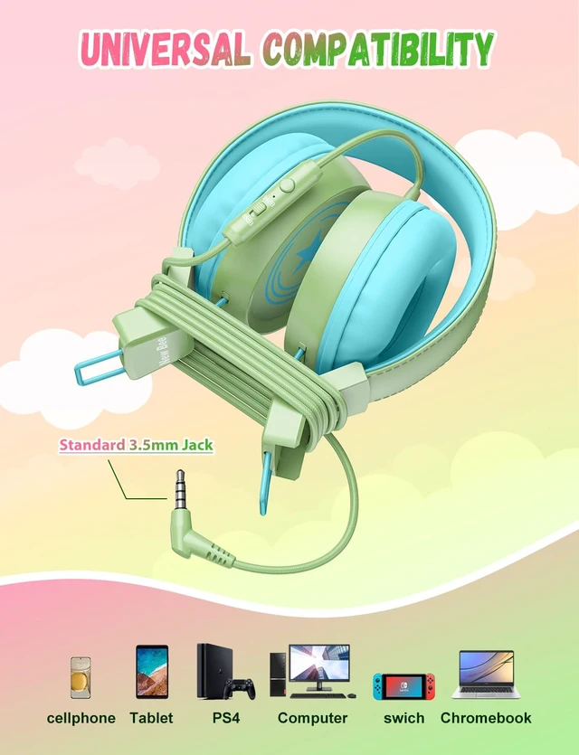 Alt view image 3 of 6 - 2 Pack Kids Headphones with Microphone, 85dB/94dB Safe Volume Limited Childrens Headset, Foldable Wired Toddler Headphones Over Ear for School Travel Mac/Android/Kindle/Tablet/Pad- Green Pink