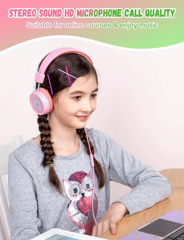 Alt view image 4 of 6 - 2 Pack Kids Headphones with Microphone, 85dB/94dB Safe Volume Limited Childrens Headset, Foldable Wired Toddler Headphones Over Ear for School Travel Mac/Android/Kindle/Tablet/Pad- Green Pink