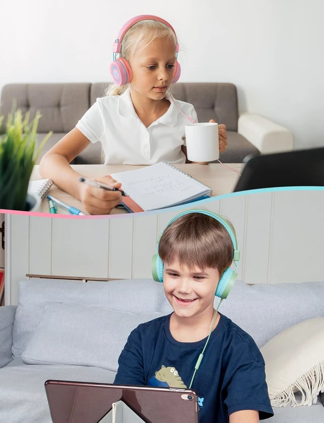 Alt view image 6 of 6 - 2 Pack Kids Headphones with Microphone, 85dB/94dB Safe Volume Limited Childrens Headset, Foldable Wired Toddler Headphones Over Ear for School Travel Mac/Android/Kindle/Tablet/Pad- Green Pink