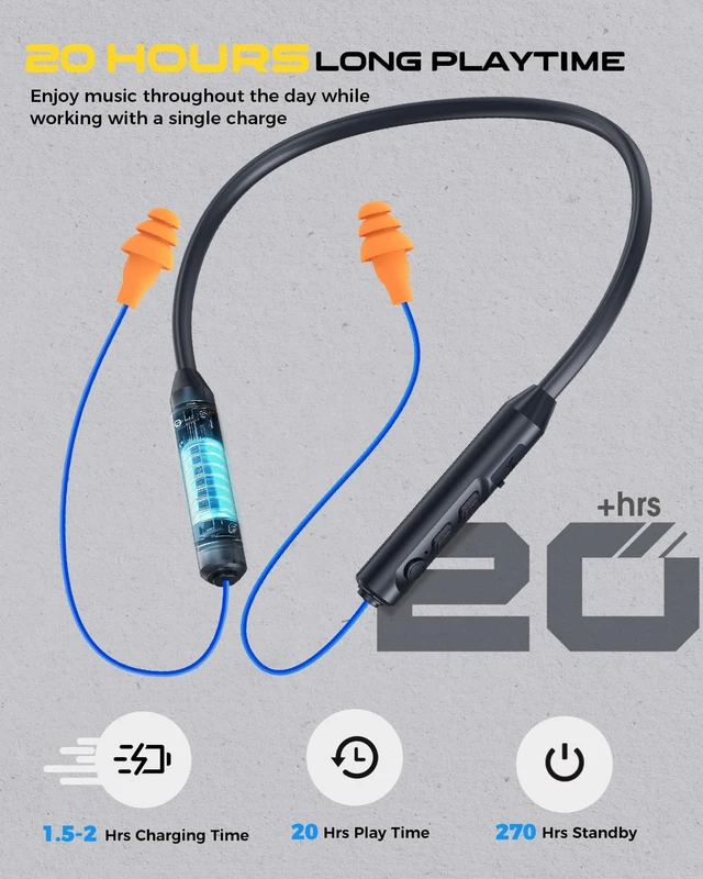 Alt view image 3 of 7 - Bluetooth Earplug Headphones, Neckband Wireless Earbuds earplugs-29db Noise Reduction isolating in-Ear earplug Earphones and Controls,IPX6 sweatproof,20+Hour Battery(Blue Orange)