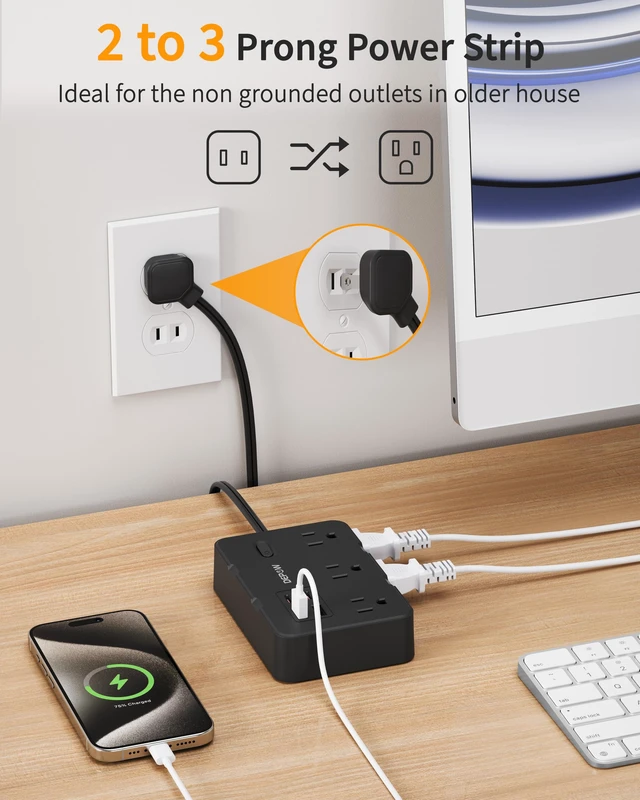 Alt view image 2 of 7 - 2 Prong to 3 Prong Power Strip, 6 Outlets 4 USB, 5 Ft Extension Cord Perfect for Old Houses with Non-grounded Outlets,1050J Two Prong Surge Protection- 2 USB C, Flat Plug,1625W/13A, White