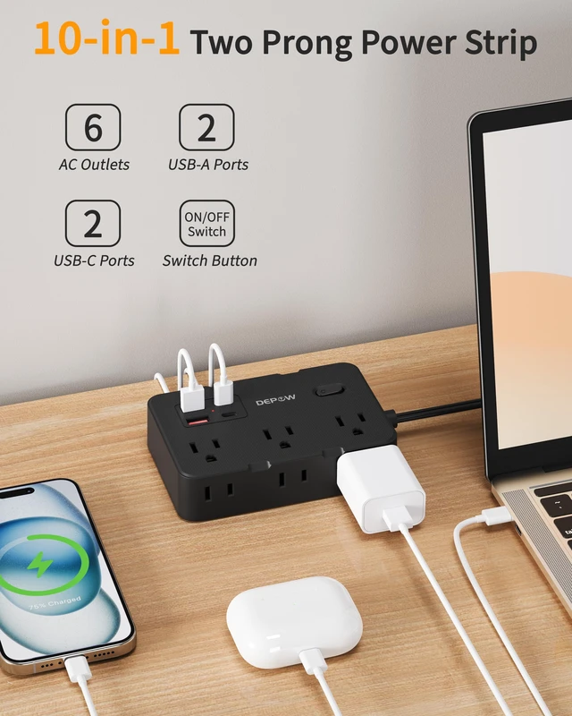 Alt view image 3 of 7 - 2 Prong to 3 Prong Power Strip, 6 Outlets 4 USB, 5 Ft Extension Cord Perfect for Old Houses with Non-grounded Outlets,1050J Two Prong Surge Protection- 2 USB C, Flat Plug,1625W/13A, White
