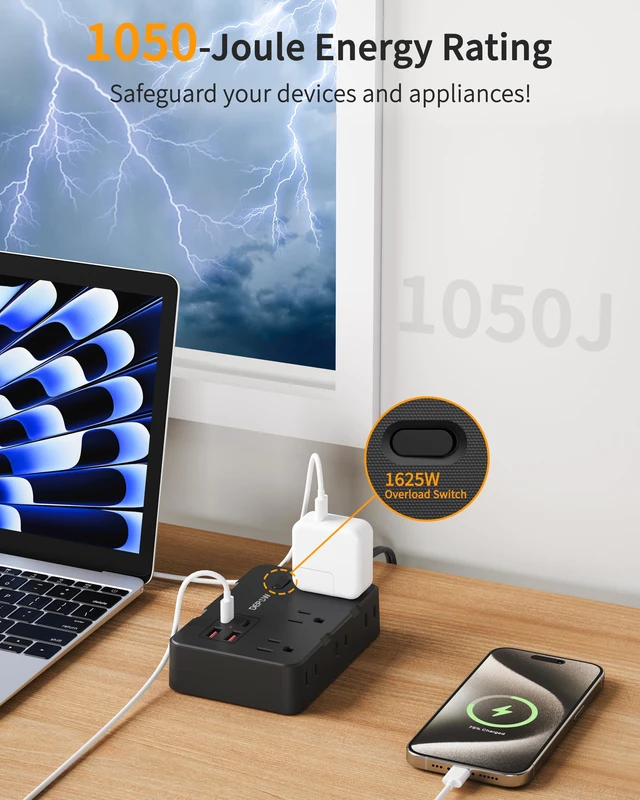 Alt view image 6 of 7 - 2 Prong to 3 Prong Power Strip, 6 Outlets 4 USB, 5 Ft Extension Cord Perfect for Old Houses with Non-grounded Outlets,1050J Two Prong Surge Protection- 2 USB C, Flat Plug,1625W/13A, White