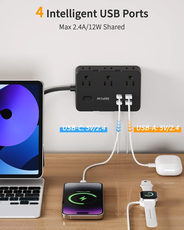 Alt view image 5 of 7 - 2 Prong to 3 Prong Power Strip, 6 Outlets 4 USB, 5 Ft Extension Cord Perfect for Old Houses with Non-grounded Outlets,1050J Two Prong Surge Protection- 2 USB C, Flat Plug,1625W/13A, White
