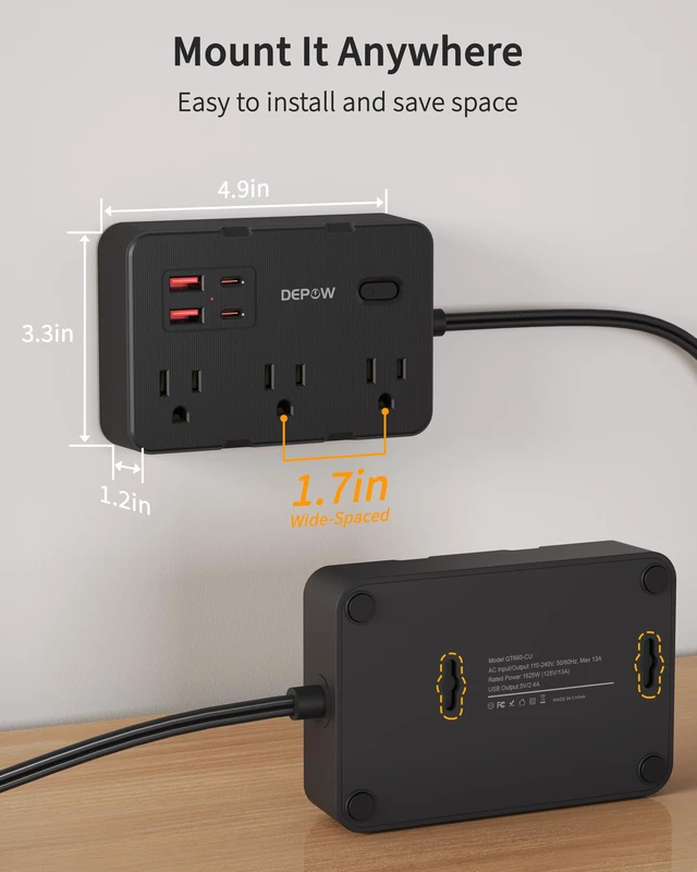 Alt view image 7 of 7 - 2 Prong to 3 Prong Power Strip, 6 Outlets 4 USB, 5 Ft Extension Cord Perfect for Old Houses with Non-grounded Outlets,1050J Two Prong Surge Protection- 2 USB C, Flat Plug,1625W/13A, White