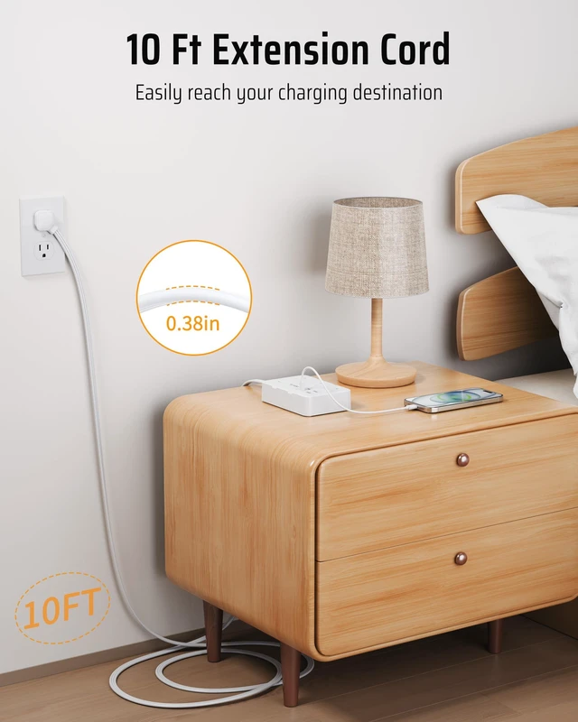 Alt view image 4 of 7 - 10Ft Extension Cord,Flat Plug Power Strip,6 AC & 4 USB Ports (2 USB C) Surge Protector with 1050J, Desk Charging Station for Home Office,College Dorm Room Essentials, Nightstand, Black