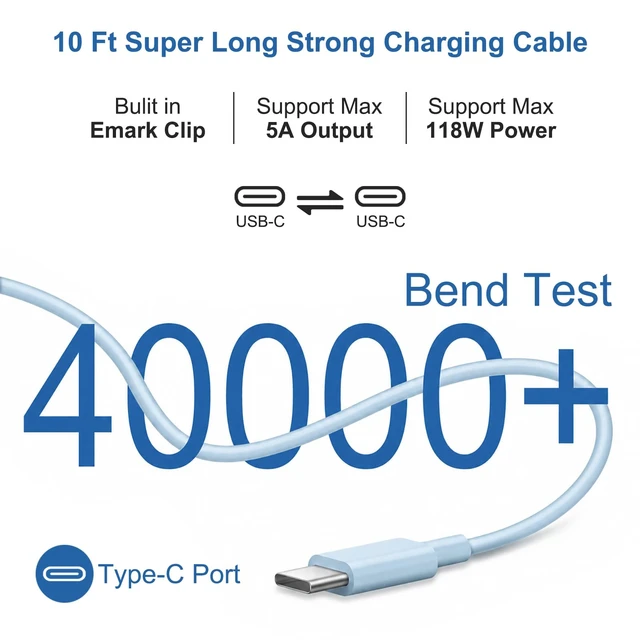 Alt view image 4 of 7 - Mac Book Pro Air Charger with 10FT Extra Long Type C Charging Cable, Blue 118W 96W 87W 61W USB Type C(USB-C) Fast Power Adapter, Compatible with MacBook Air Pro and All USB-C Devices