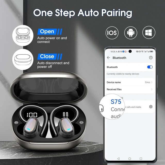 Alt view image 6 of 7 - Wireless Earbuds Bluetooth 5.4 Headphones with Earhook for Sport, Grey 50H Playback, IP7 Waterproof Earphones for Workout Running, Deep Bass Stereo, ENC Noise Canceling Mic, LED Display