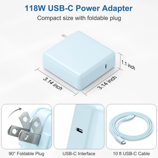 Alt view image 7 of 7 - Mac Book Pro Air Charger with 10FT Extra Long Type C Charging Cable, Blue 118W 96W 87W 61W USB Type C(USB-C) Fast Power Adapter, Compatible with MacBook Air Pro and All USB-C Devices