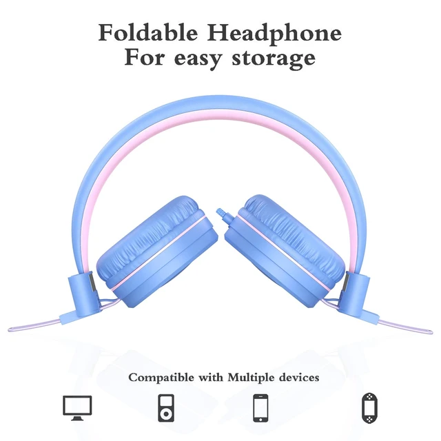 Alt view image 4 of 6 - i37 Kids Headphones for School Child Girls Boys Teens, Purple/Pink Foldable Adjustable Lightweight, 3.5mm Audio Jack On Ear Headphones for Smartphones Chromebook Computer PC Tablets Travel