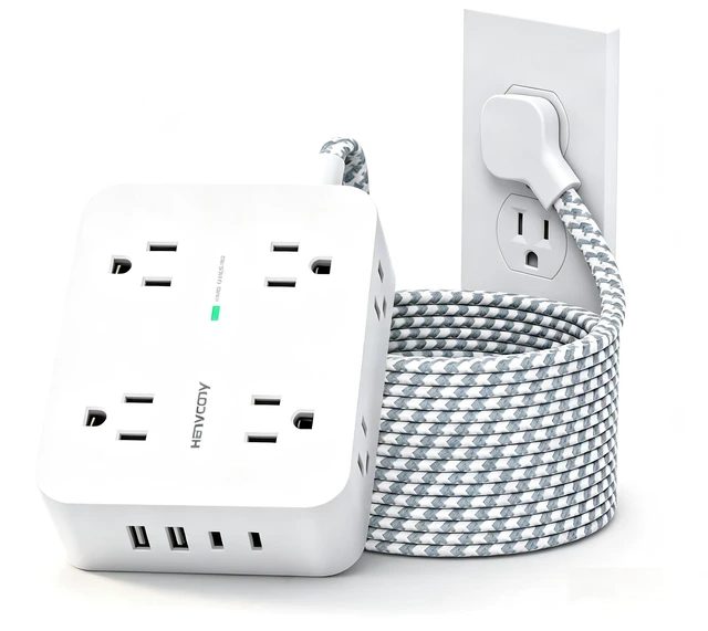 Main image of 10 Ft Braided Extension Cord with Ultra-Thin Flat Plug, 8-Outlet 1080J Surge Protector Power Strip with 4 USB Ports (2 USB C), Ideal Wall Mount Charging Station for Home Office and Dorm