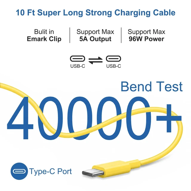 Alt view image 4 of 7 - 10FT Mac Book Pro Air Charger, Long Type C Charging Cable with 96W 87W 61W USB Type C(USB-C) Fast Power Adapter, Compatible with MacBook Air Pro and All USB-C Devices, Yellow