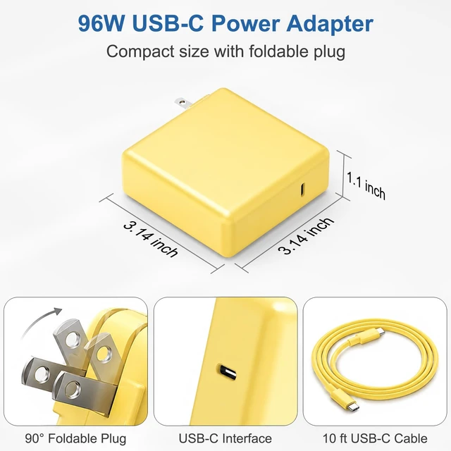 Alt view image 7 of 7 - 10FT Mac Book Pro Air Charger, Long Type C Charging Cable with 96W 87W 61W USB Type C(USB-C) Fast Power Adapter, Compatible with MacBook Air Pro and All USB-C Devices, Yellow