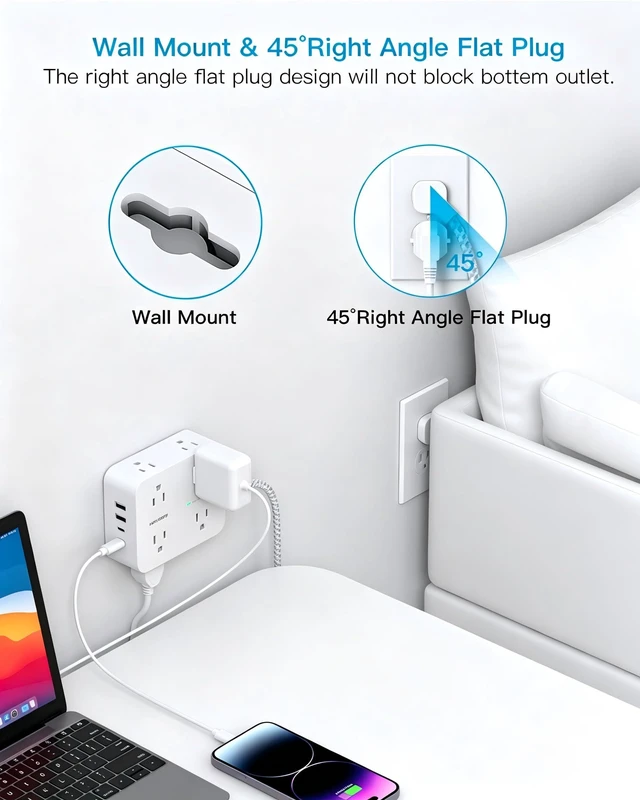 Alt view image 3 of 7 - 10 Ft Braided Extension Cord with Ultra-Thin Flat Plug, 8-Outlet 1080J Surge Protector Power Strip with 4 USB Ports (2 USB C), Ideal Wall Mount Charging Station for Home Office and Dorm