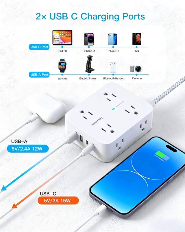 Alt view image 5 of 7 - 10 Ft Braided Extension Cord with Ultra-Thin Flat Plug, 8-Outlet 1080J Surge Protector Power Strip with 4 USB Ports (2 USB C), Ideal Wall Mount Charging Station for Home Office and Dorm