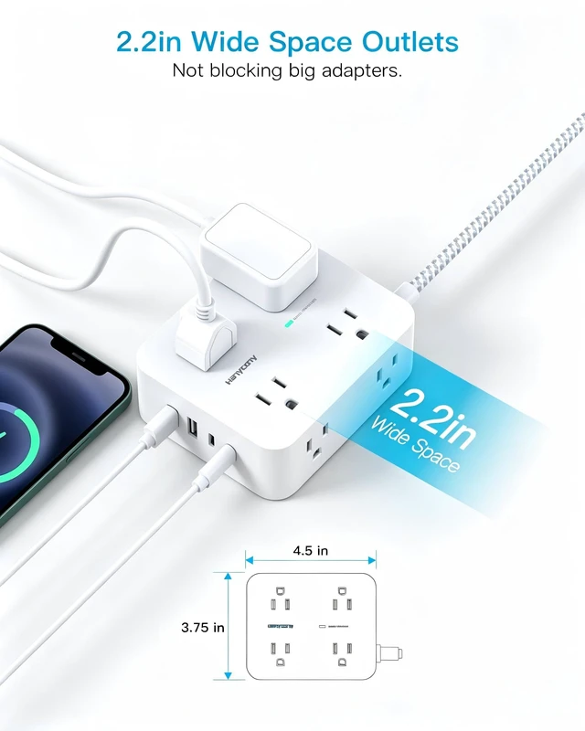 Alt view image 6 of 7 - 10 Ft Braided Extension Cord with Ultra-Thin Flat Plug, 8-Outlet 1080J Surge Protector Power Strip with 4 USB Ports (2 USB C), Ideal Wall Mount Charging Station for Home Office and Dorm
