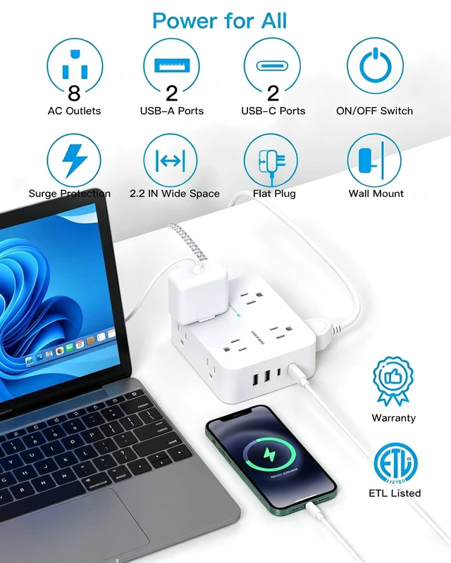 Alt view image 7 of 7 - 10 Ft Braided Extension Cord with Ultra-Thin Flat Plug, 8-Outlet 1080J Surge Protector Power Strip with 4 USB Ports (2 USB C), Ideal Wall Mount Charging Station for Home Office and Dorm