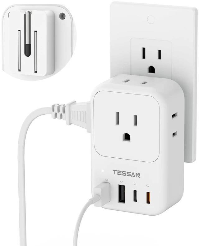 Main image of USB C Charger Block 20W PD, Fast Charging Adapter with Foldable Plug 1875W Power Outlet Extender(4 AC and 4 USB) for Cruise, Home, Office, Dorm Room Essentials, White