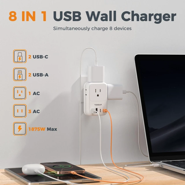 Alt view image 2 of 7 - USB C Charger Block 20W PD, Fast Charging Adapter with Foldable Plug 1875W Power Outlet Extender(4 AC and 4 USB) for Cruise, Home, Office, Dorm Room Essentials, White
