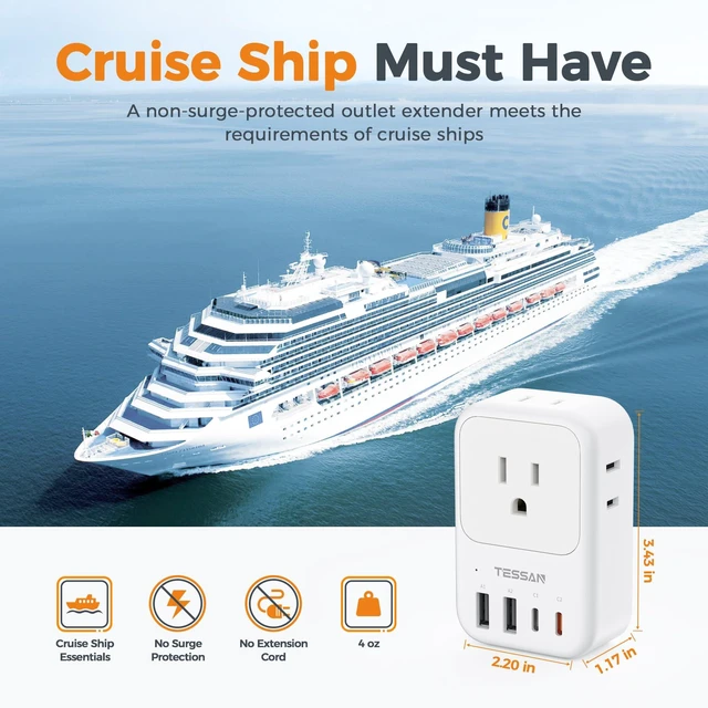 Alt view image 4 of 7 - USB C Charger Block 20W PD, Fast Charging Adapter with Foldable Plug 1875W Power Outlet Extender(4 AC and 4 USB) for Cruise, Home, Office, Dorm Room Essentials, White