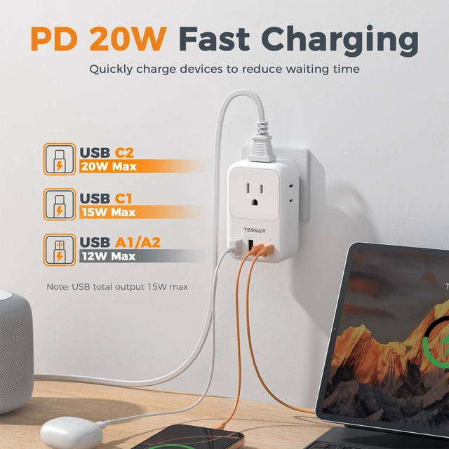 Alt view image 6 of 7 - USB C Charger Block 20W PD, Fast Charging Adapter with Foldable Plug 1875W Power Outlet Extender(4 AC and 4 USB) for Cruise, Home, Office, Dorm Room Essentials, White