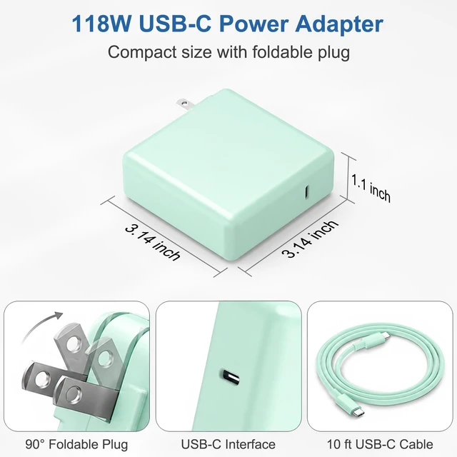 Alt view image 7 of 7 - Mac Book Pro Air Charger with 10FT Extra Long Type C Charging Cable, Green 118W 96W 87W 61W USB Type C(USB-C) Fast Power Adapter, Compatible with MacBook Air Pro and All USB-C Devices