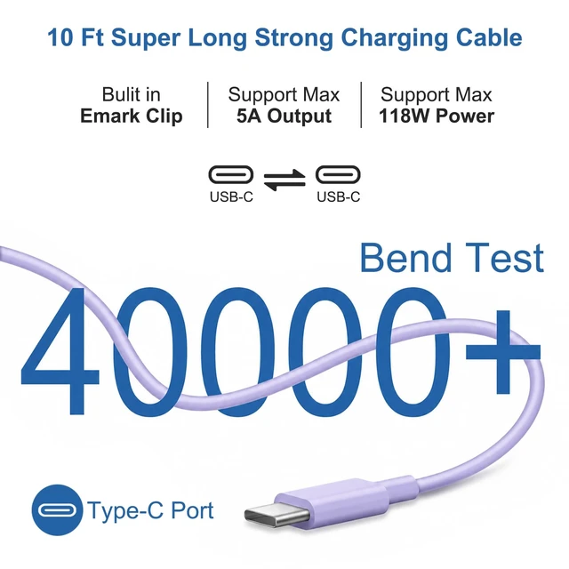 Alt view image 6 of 7 - Mac Book Pro Air Charger with 10FT Extra Long Type C Charging Cable, Purple 118W 96W 87W 61W USB Type C(USB-C) Fast Power Adapter, Compatible with MacBook Air Pro and All USB-C Devices