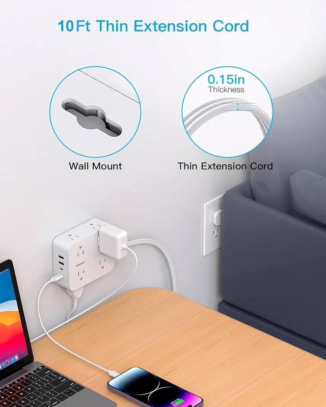 Alt view image 7 of 7 - Extension Cord 10 Ft, Ultra Thin Flat Plug Power Strip Surge Protector 8 Outlets 4 USB Ports (2 USB C), Outlet Extender Desk Charging Station for Home Office Dorm Room Essentials