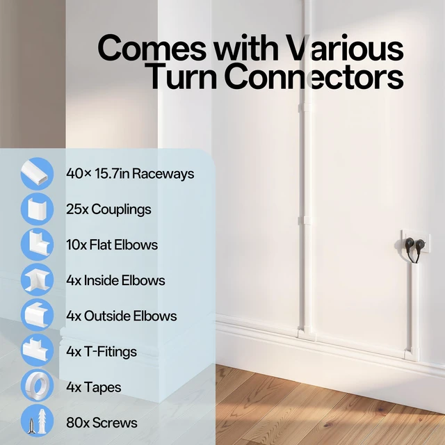 Alt view image 2 of 7 - TV Cord Hider, 630in Cord Covers for 3-4 Wires on Wall, Large Cable Hider Cable Management, Easy Set up Wire Hiders Wire Covers for Cords on Wall, TV Cables Cover Raceway, W1.18 H0.67in, White