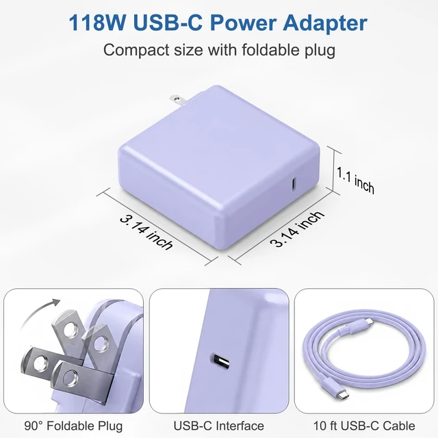 Alt view image 7 of 7 - Mac Book Pro Air Charger with 10FT Extra Long Type C Charging Cable, Purple 118W 96W 87W 61W USB Type C(USB-C) Fast Power Adapter, Compatible with MacBook Air Pro and All USB-C Devices