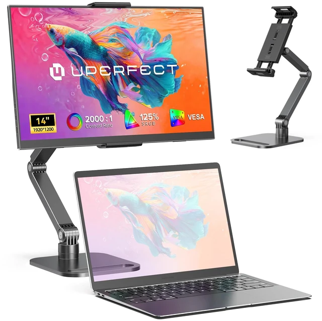 Main image of Portable Monitor, 14" 125% sRGB Ultra-Slim Laptop Display 1200P, 2000:1 Contrast, VESA Support, Stand Included, USB-C & Mini HDMI External Screen for Laptop, Gaming & Travel