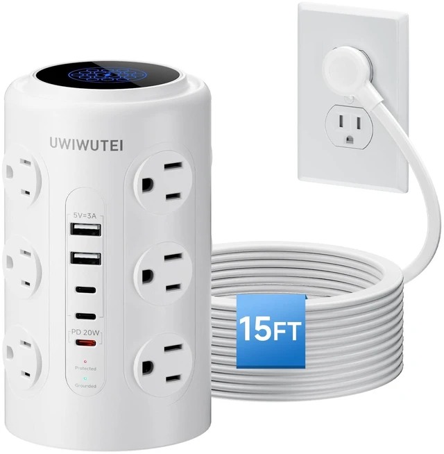Main image of 15FT Tower Power Strip with Dedicated 20W PD USB-C Port 12 WidelySpaced AC Outlets & 5 USB Ports, Flat Plug, Extension Cord, Desk Charging Station for Home, Office & Dorm, White