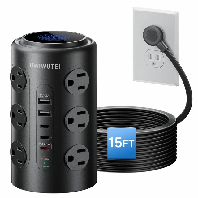 Main image of 15FT Tower Power Strip with Dedicated 20W PD USB-C Port 12 WidelySpaced AC Outlets & 5 USB Ports, Flat Plug, Extension Cord, Desk Charging Station for Home, Office & Dorm, Black