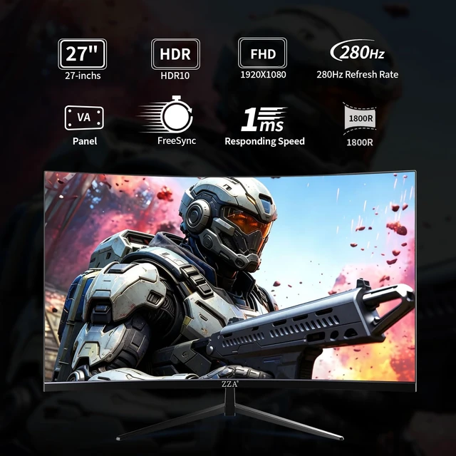 Alt view image 2 of 7 - 27 Inch Curved Gaming Monitor 280Hz, FHD 1080P PC Monitor, 1ms Gamer Screen, AMD FreeSync Premium, 100% sRGB, VESA Mountable, Eye Care Computer Monitor for Gaming Home Office
