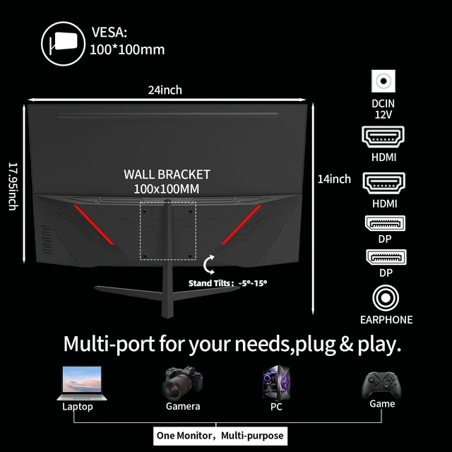Alt view image 4 of 7 - 27 Inch Curved Gaming Monitor 280Hz, FHD 1080P PC Monitor, 1ms Gamer Screen, AMD FreeSync Premium, 100% sRGB, VESA Mountable, Eye Care Computer Monitor for Gaming Home Office