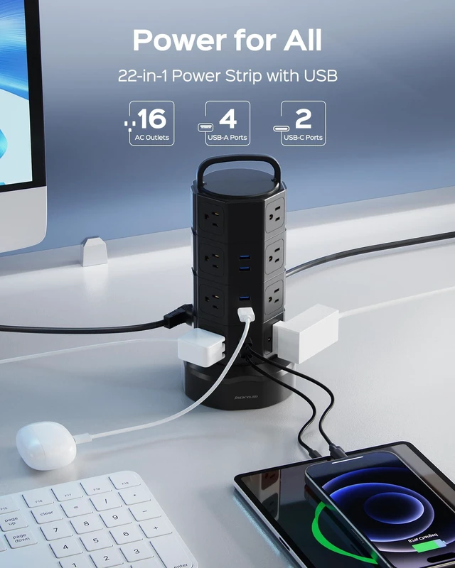 Alt view image 2 of 7 - Power Strip Tower Surge Protector, 16 AC 6 USB (2 USB C), 1050J 6.5Ft Retractable Extension Cord with Multiple Outlets, 1625W/13A Outlet Extender, USB Charging Station for Home Office Dorm