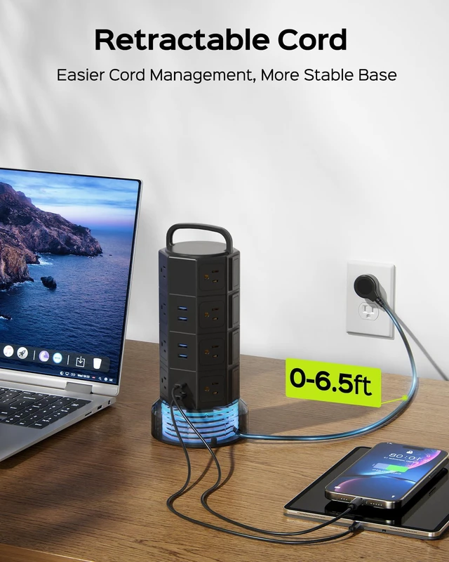 Alt view image 3 of 7 - Power Strip Tower Surge Protector, 16 AC 6 USB (2 USB C), 1050J 6.5Ft Retractable Extension Cord with Multiple Outlets, 1625W/13A Outlet Extender, USB Charging Station for Home Office Dorm