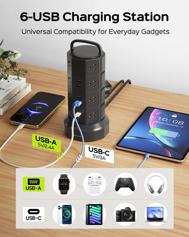 Alt view image 5 of 7 - Power Strip Tower Surge Protector, 16 AC 6 USB (2 USB C), 1050J 6.5Ft Retractable Extension Cord with Multiple Outlets, 1625W/13A Outlet Extender, USB Charging Station for Home Office Dorm