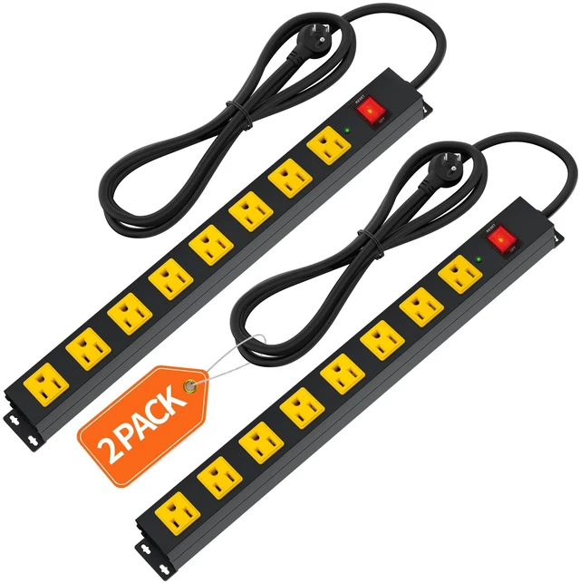Main image of 8 Outlet Long Power Strip, 2Pack 2100J Surge Protector Heavy Duty 6FT Cord Wide Spaced and Wall Mount Metal Powerstrip for Home Office Garage Workshop