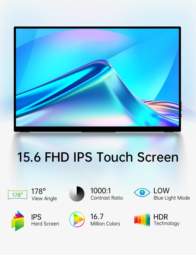 Alt view image 2 of 7 - 15.6'' FHD Portable Monitor Touchscreen for Laptop Computer Mac 10-point Touch Screen, Tempered Glass Metal Case 1080p IPS Screen w/Kickstand, Speaker. USB-C/HDMI, Ultra Slim Travel Monitor