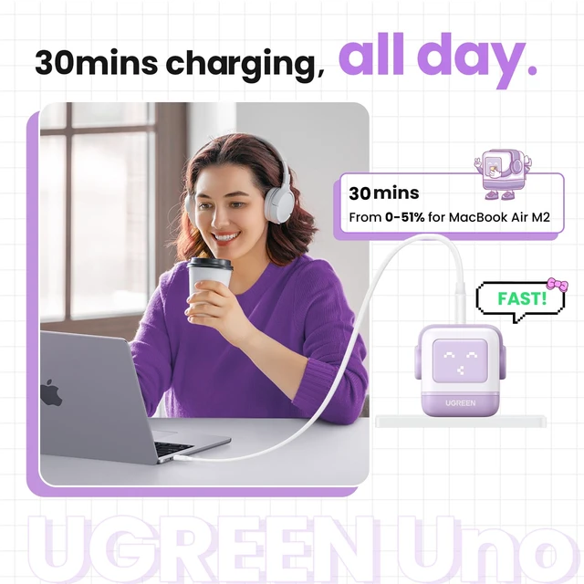 Alt view image 3 of 7 - Uno 65W 3-Port USB C Charger, GaN Fast Charging Block, Purple Playful Robot Design, LED Display, Unique Gift, Fast Charging for MacBook, iPhone 17, Galaxy S26, Pixel, iPad, Steam Deck