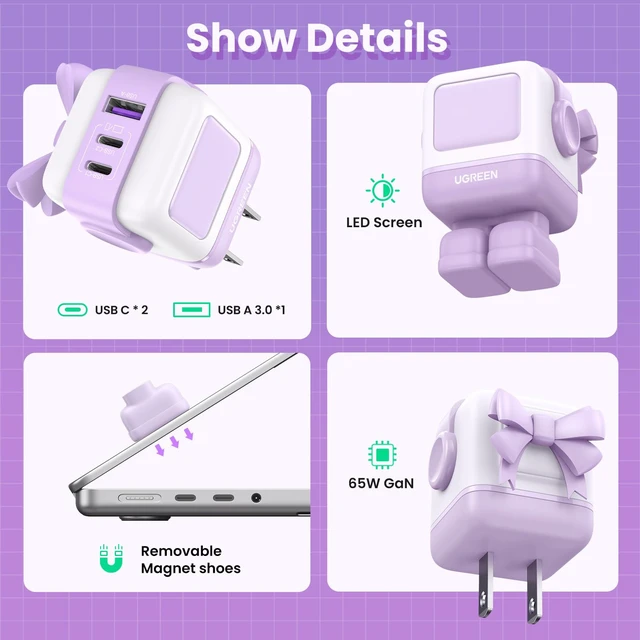 Alt view image 4 of 7 - Uno 65W 3-Port USB C Charger, GaN Fast Charging Block, Purple Playful Robot Design, LED Display, Unique Gift, Fast Charging for MacBook, iPhone 17, Galaxy S26, Pixel, iPad, Steam Deck