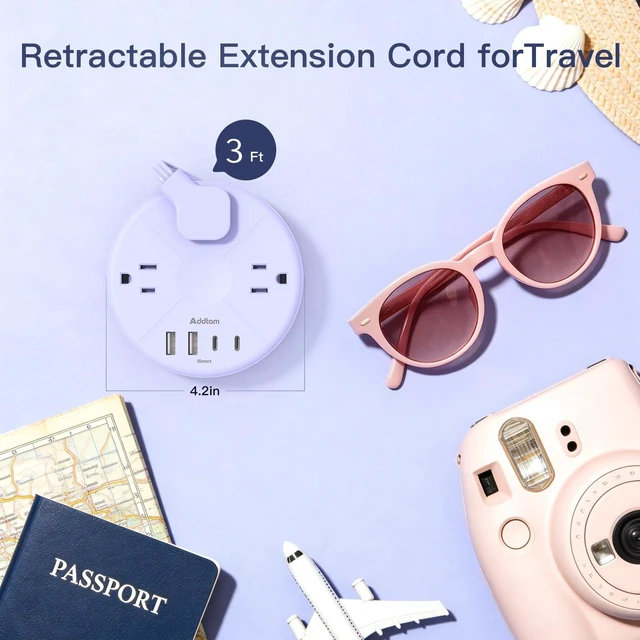 Alt view image 3 of 7 - Travel Essentials 3Ft Power Strip -Purple Cruise Approved Power Strip 3 Outlet 4 USB Port(2 USB C), Retractable Extension Cord, Portable Charging Station for Dorm Room Travel Cruise Essentials