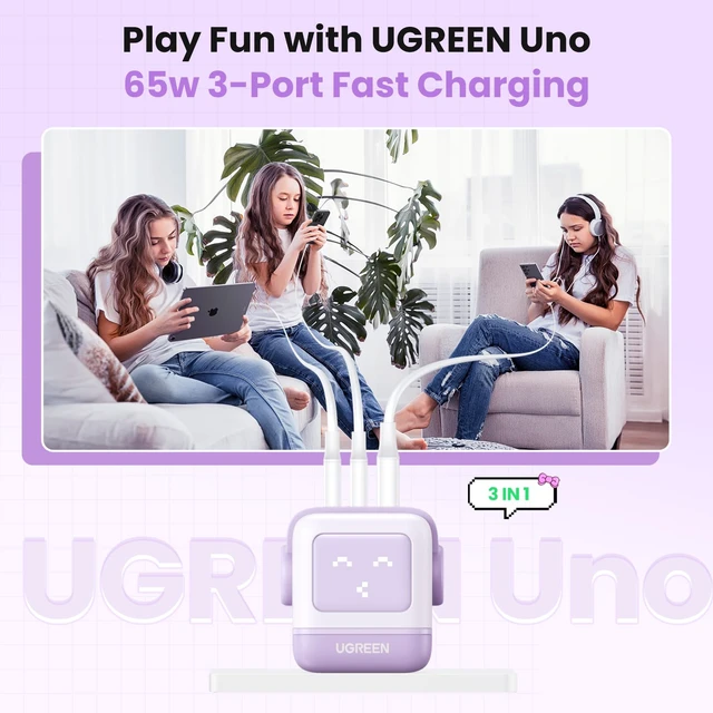 Alt view image 5 of 7 - Uno 65W 3-Port USB C Charger, GaN Fast Charging Block, Purple Playful Robot Design, LED Display, Unique Gift, Fast Charging for MacBook, iPhone 17, Galaxy S26, Pixel, iPad, Steam Deck